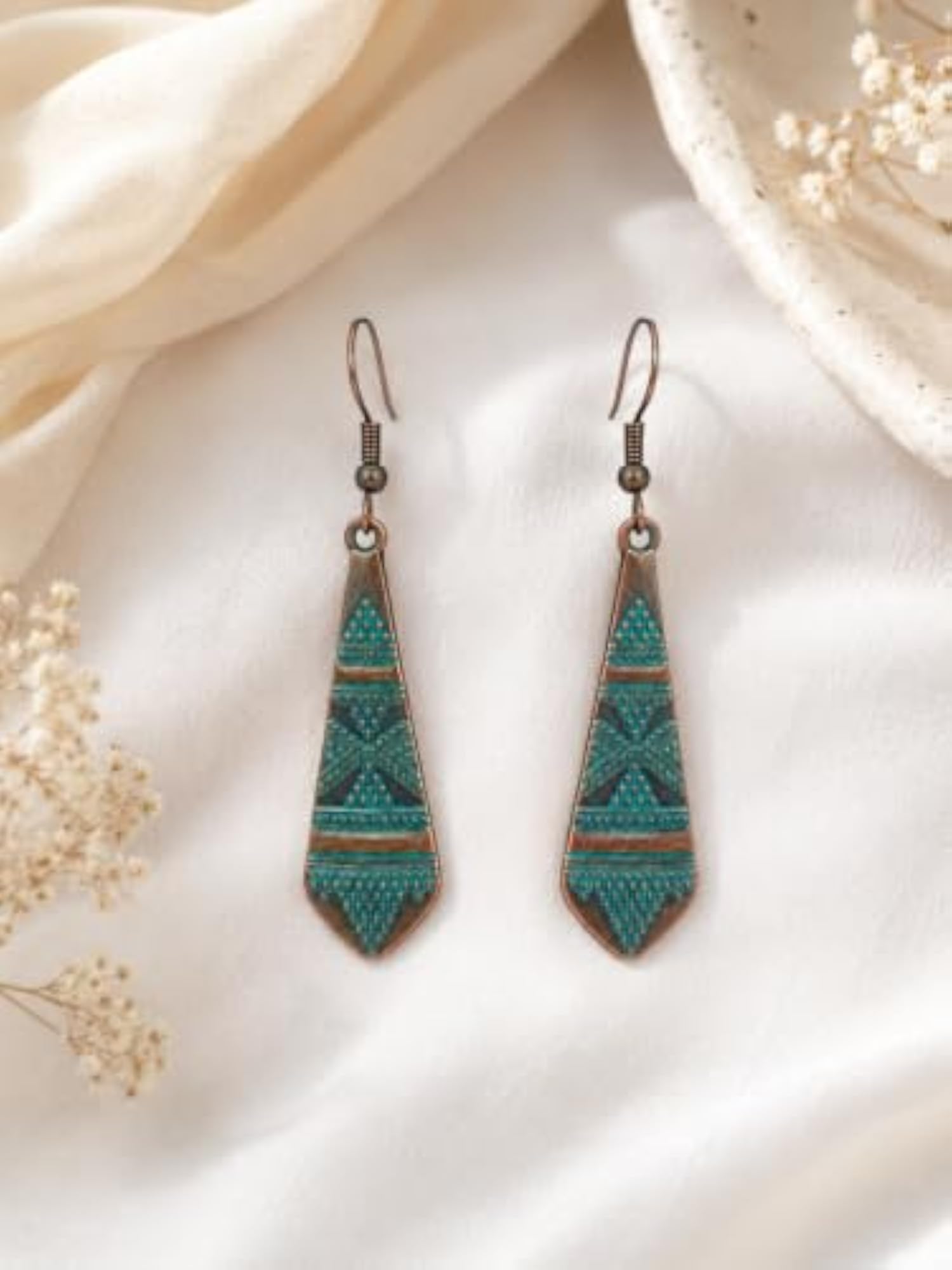 Boho Geometric Dangle Earrings, Antique Copper & Patina